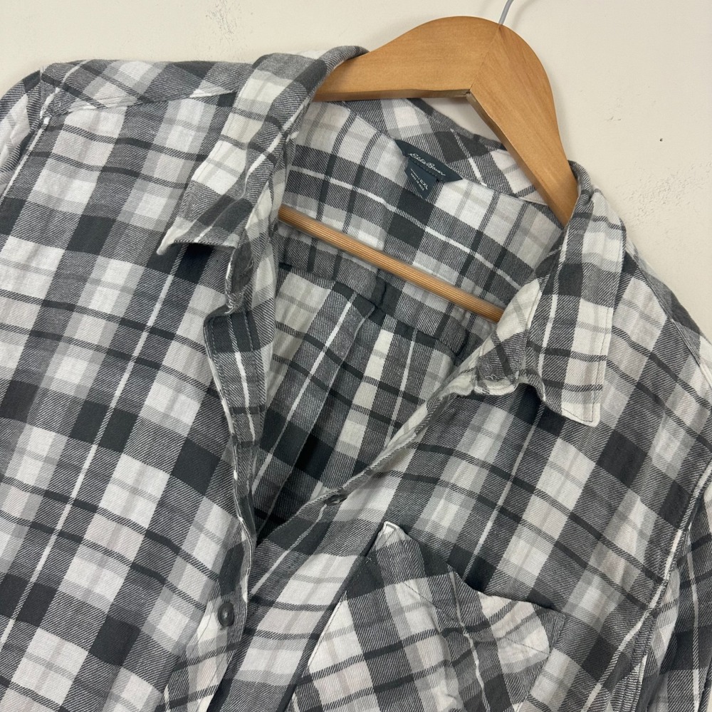 Eddie Bauer Shirt Gray White Cotton Long Sleeve Button Up Plaid Womens 2XL